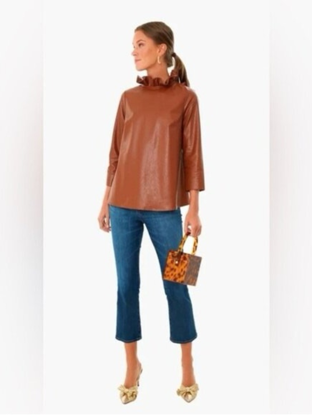 New tags Tuckernuck chestnut Ruffle-Neck Top faux leather tie neck small